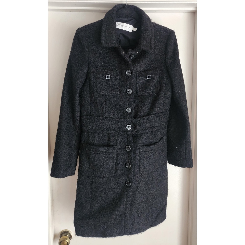 See by Chloé Women's Black Wool Mohair‎ Blend Coat Size Luxury Designer